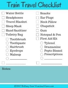 Train Travel Checklist. Vivacious Views. PDF